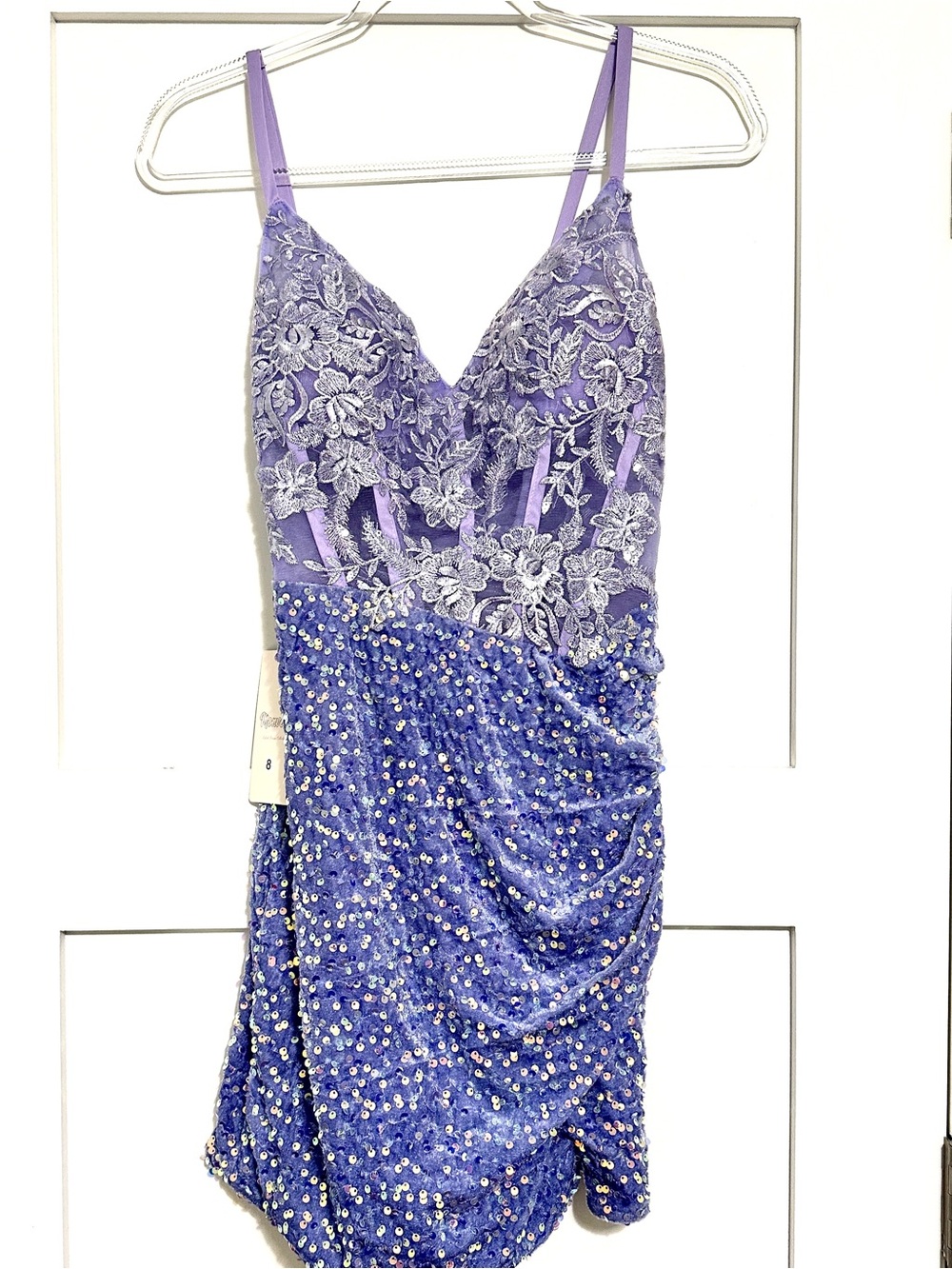 Embellished Sequin Lavender Lace Mini Dress with Sheer Corset • Sz 8 • NWT